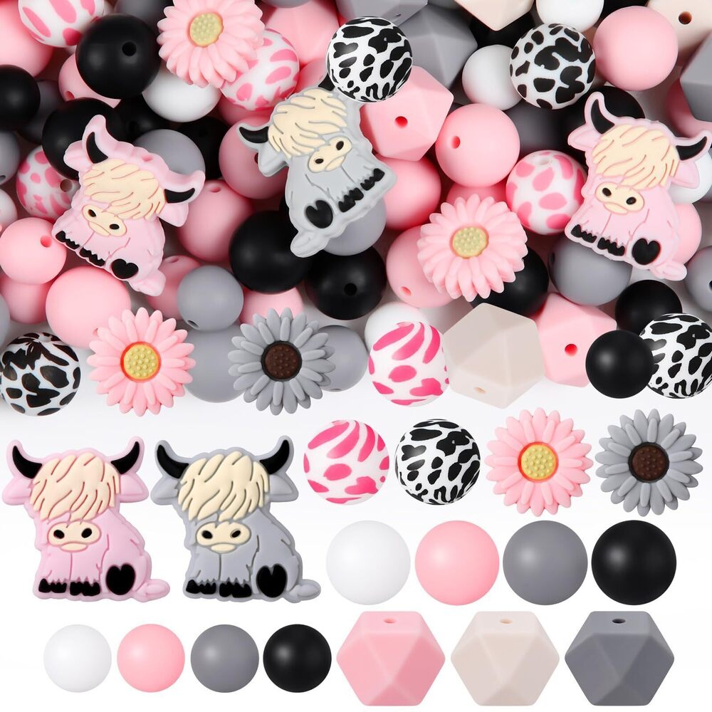 3582 199 Pcs Cow Silicone Beads with Animal Shaped Beads Daisy Flower